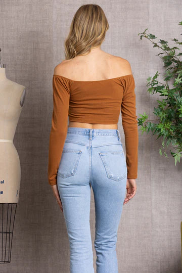 SPRUCE RIBBED LONG SLEEVES V-CUT HEMLINE CROP TOP